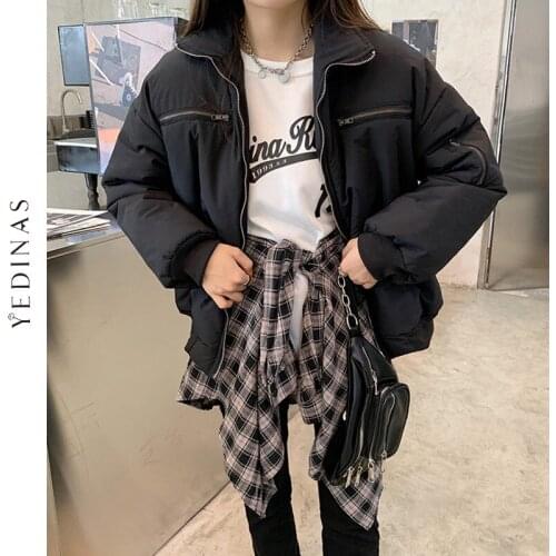 Yedinas Fashion Stand Collar Parkas Women Thick Warm Winter Coats Zipper Female Black Jackets Casual Korean Overcoats Plus Size