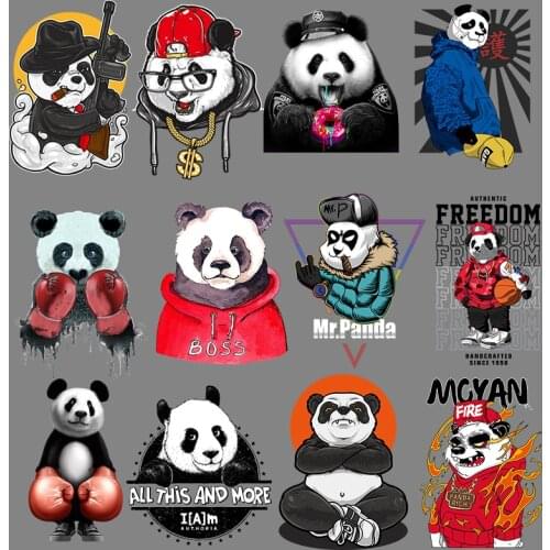 Cartoon Panda Heat Transfer Stickers Tops T-shirt Patches for Clothing Appliqued Decorative Punk Style Animal Iron-on Transfers
