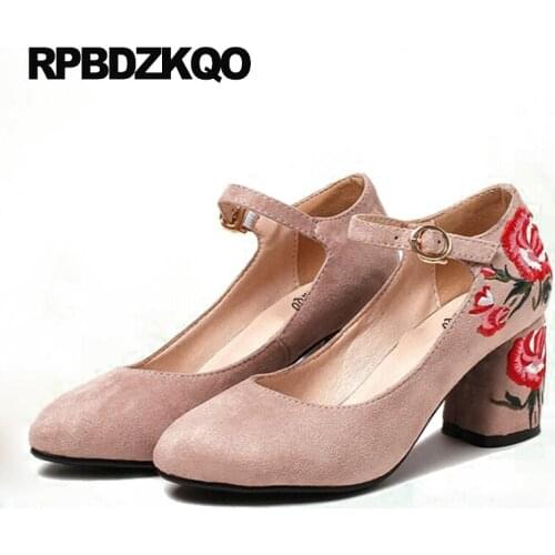 Pumps Embroidery Folk Embroidered China Retro Suede High Heels Round Toe Casual Shoes Women Flower Floral Ankle Strap Nude