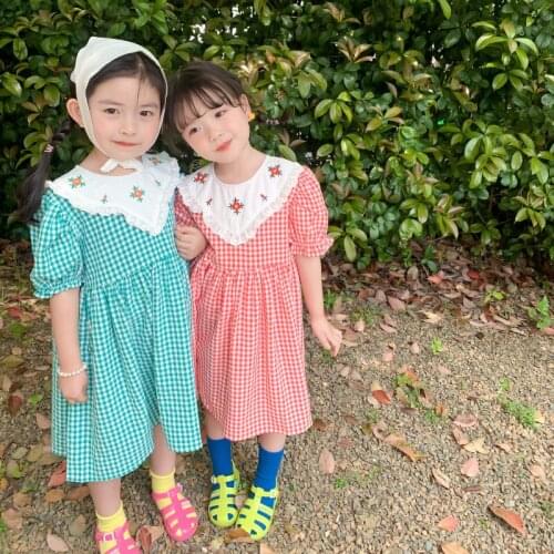 Summer New Fashion Kids Girls Korean Style Short Sleeve Plaid Dress