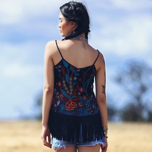 Novelty Summer Women Personality Slim V-Neck Sleeveless Sexy Perspective Mesh Embroidery Tassel All-MatchTop Suspenders