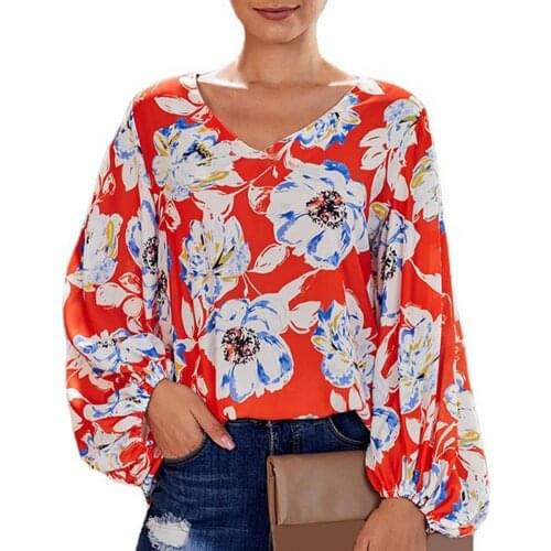 New Loose Bat Shirt Casual Loose Pullover Long Sleeve Shirt Tops Lantern Sleeve Floral V Neck Lady Chiffon Shirt for Daily Wear