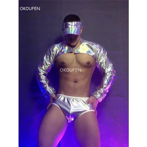 New Mens Fashion Silver Laser Patent leather Technology Future Theme performance Costumes Bar Nightclub Party Show Sexy Stage