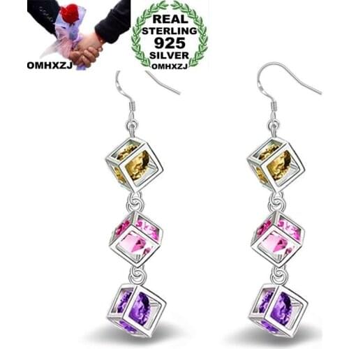 OMHXZJ Wholesale Personality Fashion OL Woman Girl Party Wedding White Cube Colorful Zircon 925 Sterling Silver Earrings YE311