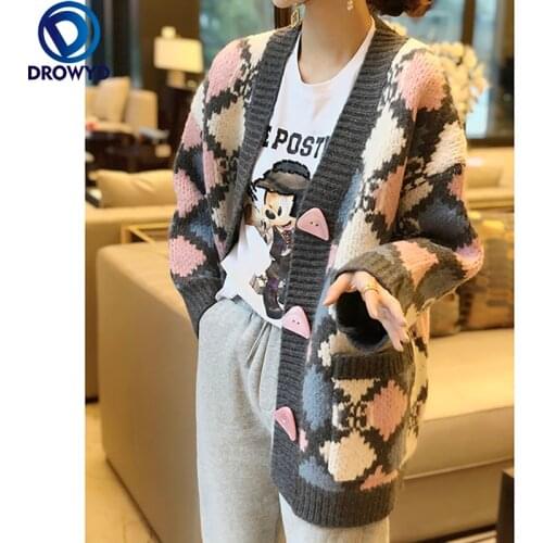 2021 Autumn and Winter Horn Buckle Loose Mid-length Contrast Color Plaid Sweater Cardigan Womens Single-breasted Knitted Jacket