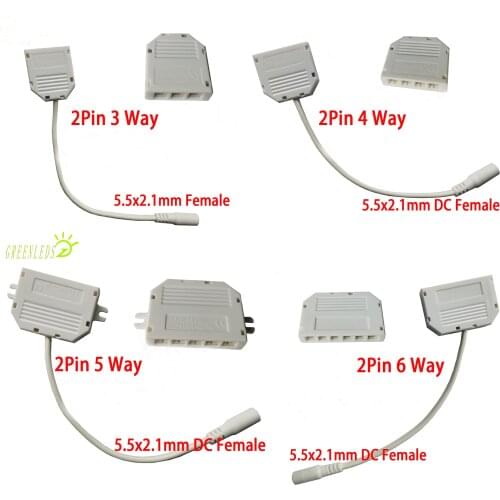 Splitter Box 3/4/5/6 Way 2Pin DuPont Distributor Box with 5.5x2.1 DC Connectors for Single Color LED including 2m 22AWG Cable