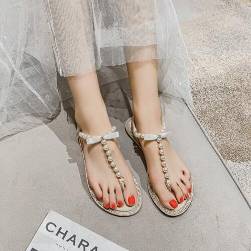 Women Sandals 2021 Summer Shoes Flat Pearl Sandals Comfortable String Bead Beach Slippers Casual Sandals Clear Heels for Women