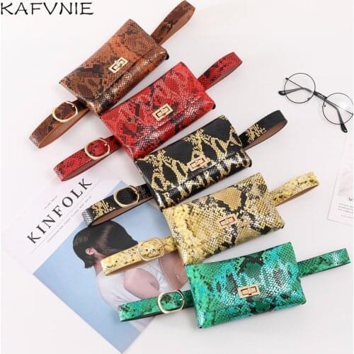 KAFVNIE High-end Lady Waist Bags Serpentine PU Leather Women Belt Bags Dazzling Vintage Girls Fanny Pack Red Phone Card Bags