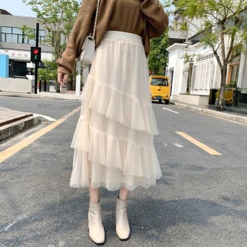 2021 New Autumn Winter Irregular Mesh Fairy Skirt High Waist Slim Simple Pure Color Sweet Women A-line Long Skirt Free Shipping