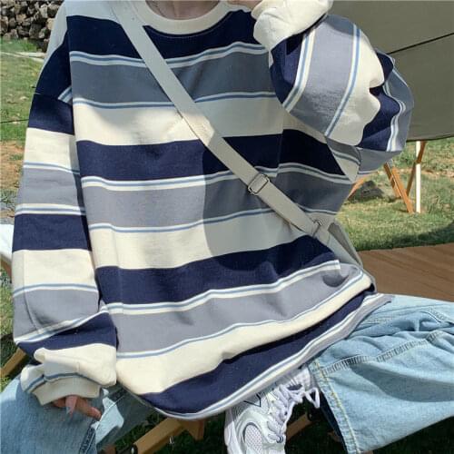 Oversized t-shirt Striped t-shirt women 2021 new long-sleeved womens Harajuku style ins top clothes womens outer Top wear