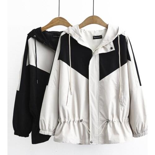 Oversized Womens Fall Loose Looking Thin Hooded Waist Short Windbreaker Casual Contrast Coat
