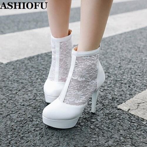 ASHIOFU New Wholesale Handmade Ladies High Heels Boots Air-mesh Lace Wedding Party Prom Ankle Booties Evening Club Fashion Boots