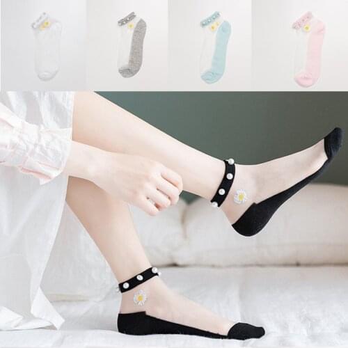 Women Socks for summer Ultra-thin Transparent Cass Glass fiber Silk Socks Fashion daisy Flower Japan Ankle Socks