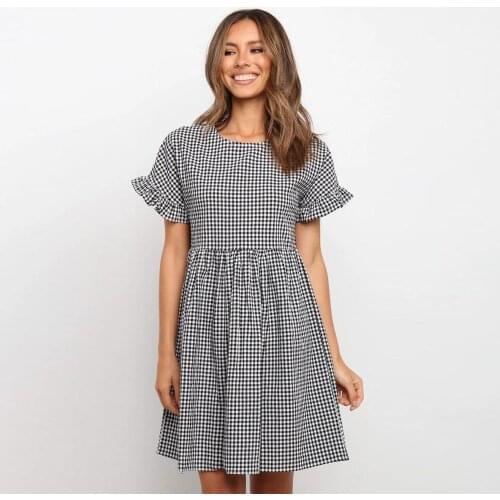 Women O-neck Casual Black White Plaid Mini Dress Summer 2021 New Ruffled Short Sleeve Loose High Waist Elegant Vestidos Female