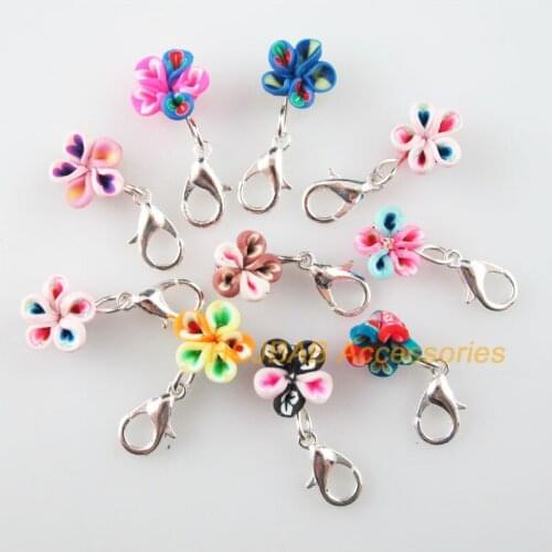 10 New Colored Flower With Clasps Charms Silver Plated Clay Mixed 10mm