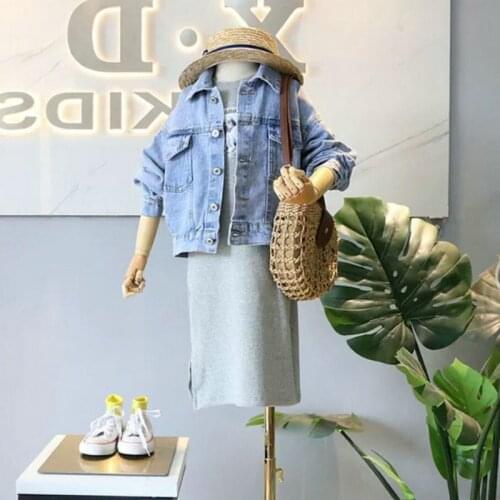 2020 Girl Spring Autumn Clothing Set Denim Jacket+short Sleeved Dress,kids Children Fashion Elegant 2pcs Suits Clothes