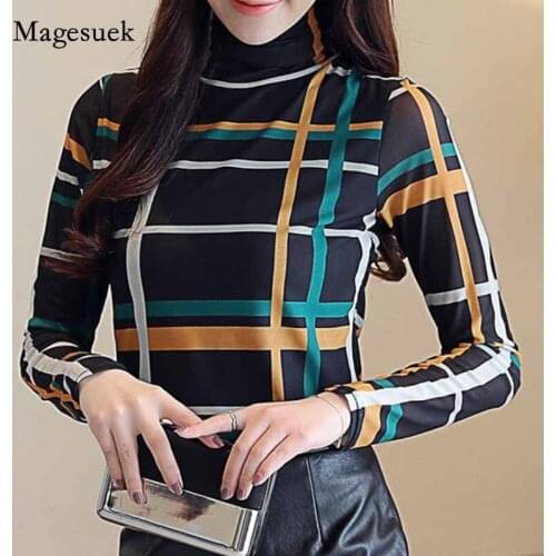 2020 Womens Striped Plaid Tops and Blouses Long Sleeve Women Shirts Plus Size Tops Turtleneck Blouse Blusas Mujer De Moda 1397