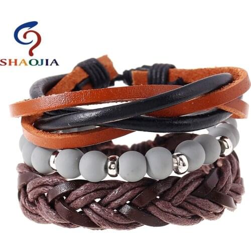 3pcs 1 Set Simple DIY Retro Braided Leather Bracelets Multi-layer Suit Bracelets For Women Leather+Glass Beads+Wax Line Bracelet