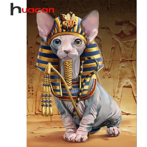 Huacan 5d DIY Diamond Painting Full Square/Round Cartoon Sphinx Cat Diamond Embroidery Set Mosaic Egypt King Animal Wall Decor