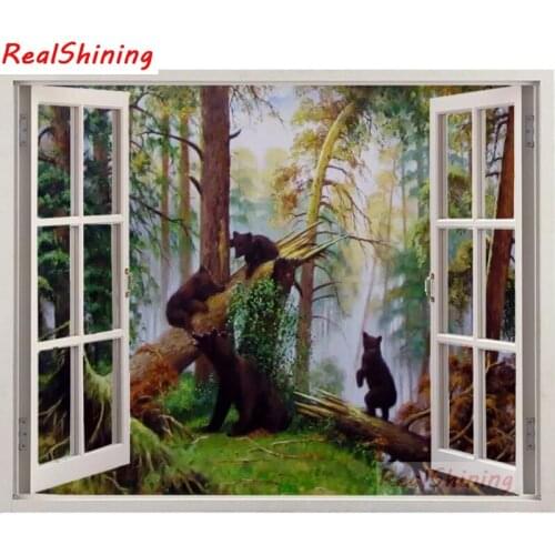 5D Diy Diamond Painting Cross Stitch full Square Diamond Embroidery Forest morning bear window picture for room Decor H1117