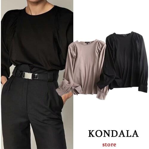 KONDALA Womens Blouse Za Fashion 2021 Cotton O Neck Office Lady Blouse Elegant Puff Sleeve Chic Mujer Tops