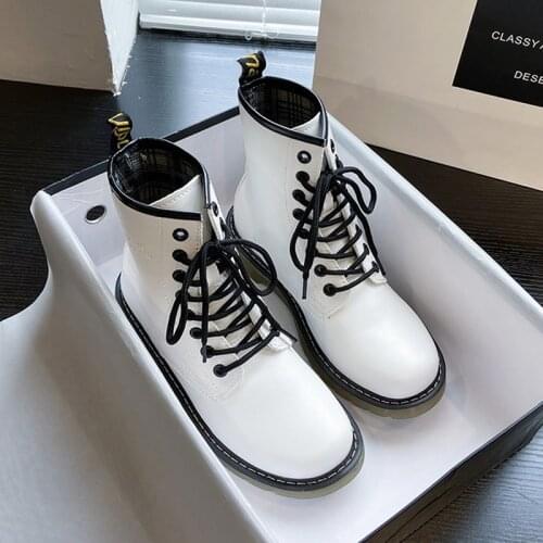 Brand Women Boots 2021 New Motorcycle Martin Boots Black White PU Leather Punk Shoes Female Ankle Booties Autumn Winter Shoes