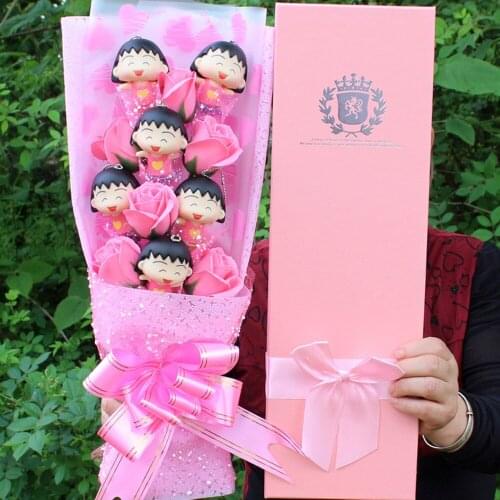 Chibi Maruko Doll Bouquet Soap Flower Gift Box toy plastic bouquet toy for Valentines Day Christmas Gifts