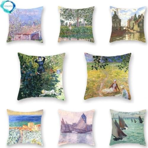 Oil Painting Monet Country Landscape Decorative Polyester Cushion Cover Home Sofa Chair Pillowcase 45x45cm Fundas De Cojin