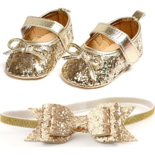 Baby Shoes Leather Toddler Baby Girl First Walkers Sets Headband Bow-knot Soft Sole Non-slip Bling Shoes for Girls Hot