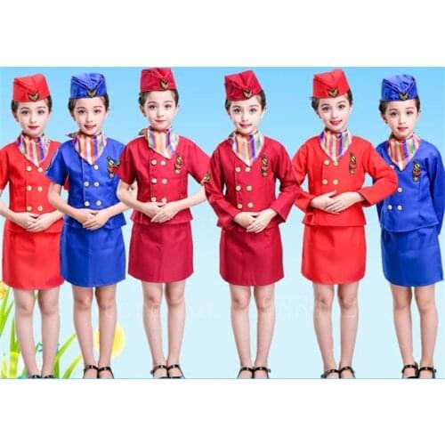 Kids Flight Attendent Cosplay Costumes Girls Stewardess Airline Service Uniforms Halloween Party Performance Clothing Set