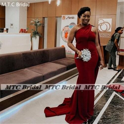 Burgundy Long Mermaid African Bridesmaid Dresses Wholesale One Shoulder Silk Satin Black Women Maid Honor Wedding Party Gowns