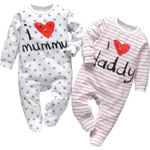 Newborn Baby Boys Girls Rompers Pajama Cotton Cute Letter I Love Daddy and Mummy Long Sleeve Jumpsuit Infant Toddler Clothes