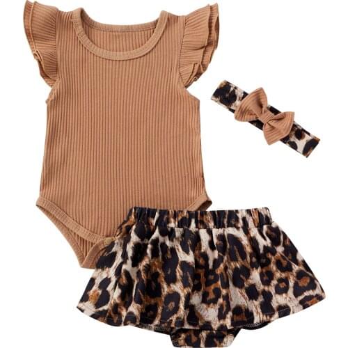 Newborn Baby Girls Three-piece Clothes Set Sleeveless Solid Color Romper Leopard Printed Pattern Culottes Headdress