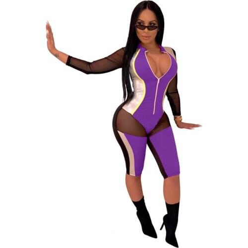 Sexy Fitness Workout Bodycon Jumpsuit Shorts for Women Mesh Patchwork Summer Playsuits Front Zipper Moto Casual Rompers Bodysuit