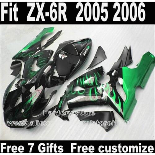 Plastic fairings set for Kawasaki ZX6R 2005 2006 bodywork sets 05 06 ZX-6R Ninja 636 green flames in black fairing kit LK61