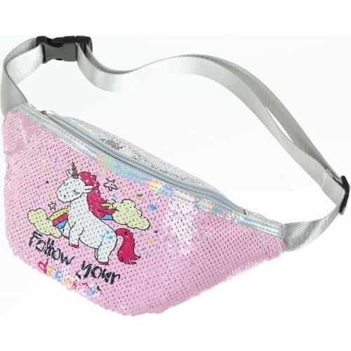 Creative Sequins Printing Unicorn Waist Bag For Girls Fanny Pack Boys Shoulder Belt Bags Kids Waist Pack Cartoon Phone Pouch