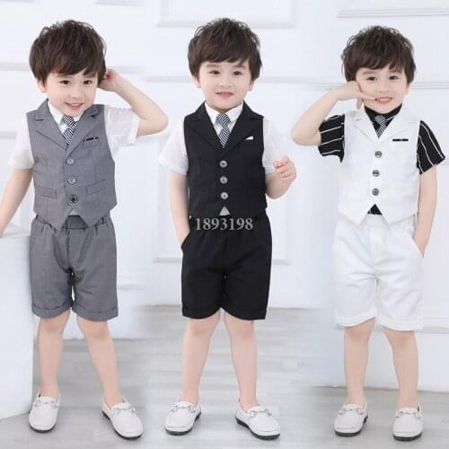 Summer Childrens Formal Vest Suit Set Boys British Performance Stage Party Dresses Costume Kids Vest Shorts Tie Clothing Set