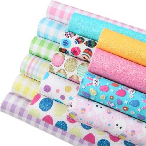 A5 Size Easter Day Series Faux Leather Sheets Set Fine Glitter Plaid Eggs Rabbit Printed Synthetic Leather Fabric for Hair Bows