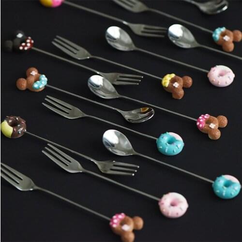 JSWORK Fruit Fork Spoons Set Teaspoons Cutlery Party Tableware Kitchen Flatware Cute Stainless Steel Food Picks