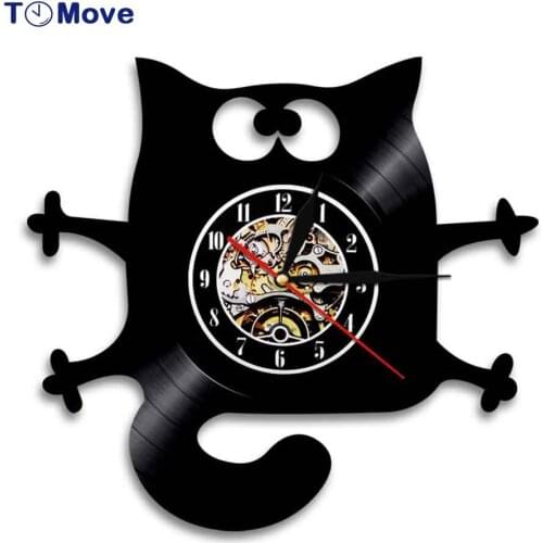 Cat Meow Wall Clock Kitten Vinyl Record Wall Clock Funny Black Cat Home Decor Modern Decorative Clock Gift For Kitty Cat Lovers