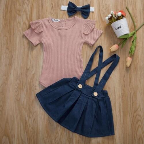 Newborn Infant Fly Sleeve Solid Color Bodysuit Denim Strap Skirt Bow Headwear Set Baby Girls Sweet Jumpsuit with Suspender Skirt