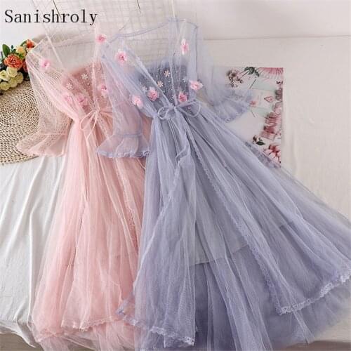 Two-piece Autumn Women Flare Sleeve Tie Bow Lace Cardigan Dress Ladies Sweet Long Flowers Spaghetti Strap Mesh Dresses Vestidos