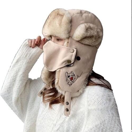 Thick Warm Bomber Hat Men Women Solid Fur Winter Hats With Mask Male Female Russian Ushanka Hat Ski Earflap Trapper Russian Cap