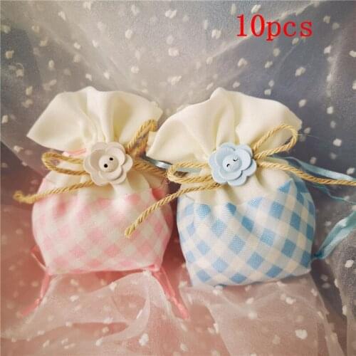 10pcs Blue Pink Plaid Gift Bag Cosmetic Necklace Ring Jewelry Drawable Storage Sack Christmas Wedding Present Sweets Pouches