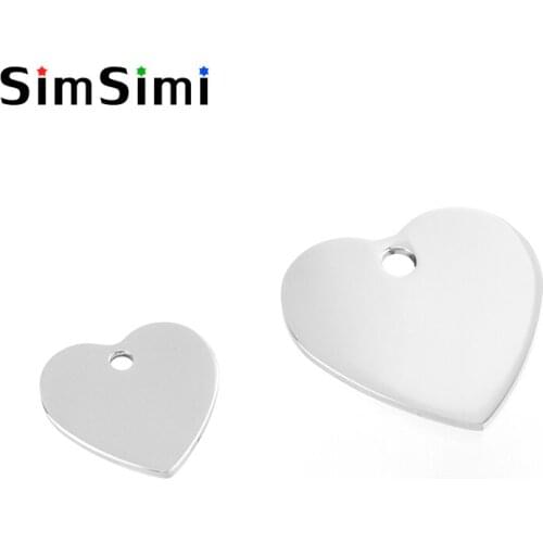 Simsimi Stainless steel inner hole heart pendant small charms name print tags blank pet tags both sides mirror polished 10pcs