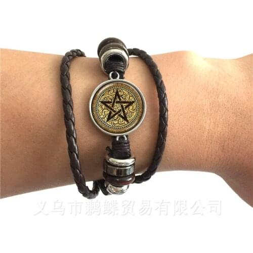 Satanic Pentagram Star Symbols Statement Black/Brown Leather Bracelet Bangle Handmade For Men Women Fashion Jewelry Pagan Gift