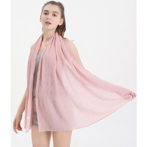 Chiffon solid color pearl pleated scarf Multifunction Four Season Muslin Hijab beaded ruffled skirt Baotou headband