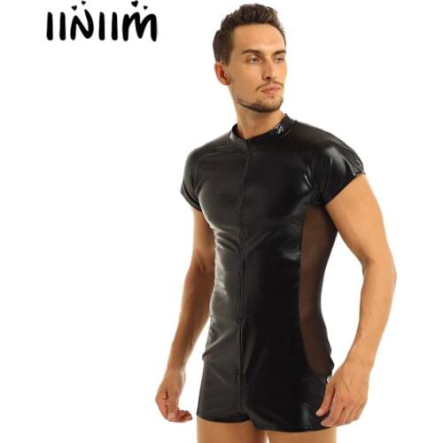 Sexy Costumes for Mens Male Black One-Piece Shiny Metallic Zentai Catsuits Wetlook Sexy Leotard Front Zipper For Men Body Suits