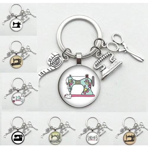 Hot Retro Vintage Sewing Machine Scissors Keychain Glass Photo Cabochon Key Ring Key Ring Exquisite Jewelry Gift, Diy Handmade