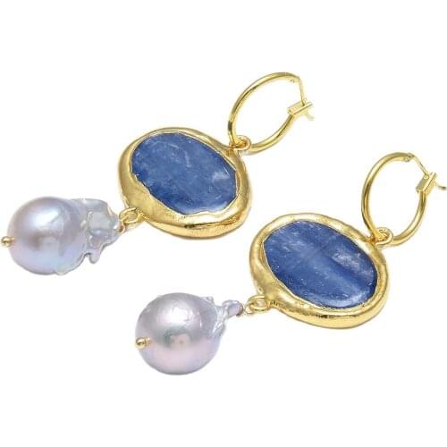 GuaiGuai Jewelry Natural Gray Baroque Pearl Blue Kyanites Oval Nugget Gold Color Plated Dangle Circle Hook Earrings For Women